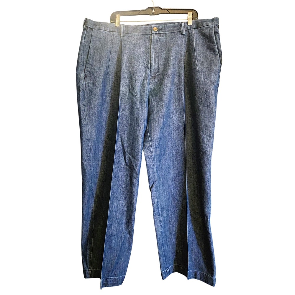 Haggar NWOT Denim Pants Mens 44x29 Blue Excellent Pleated Premium Stretch Jeans